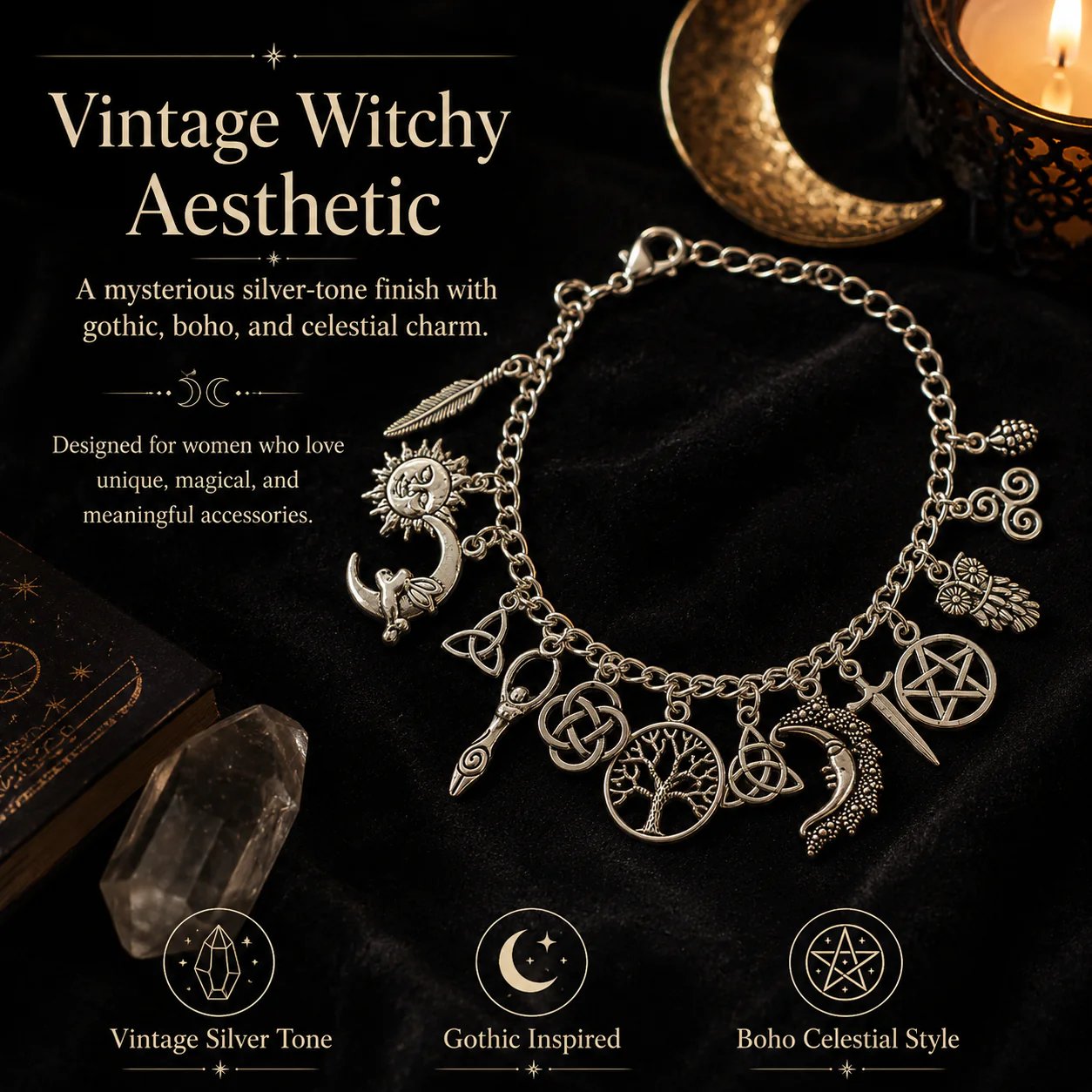 🌙Vintage Witchy Charm Bracelet | Celestial Gothic Boho Jewelry for Women