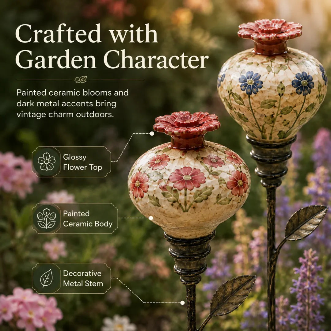 Close-up of painted ceramic body, glossy flower top and metal stem