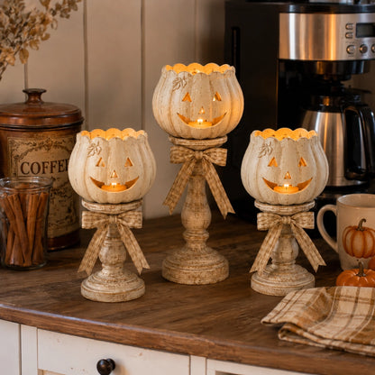Set of 3 Vintage White Pumpkin Tealight Candle Holders