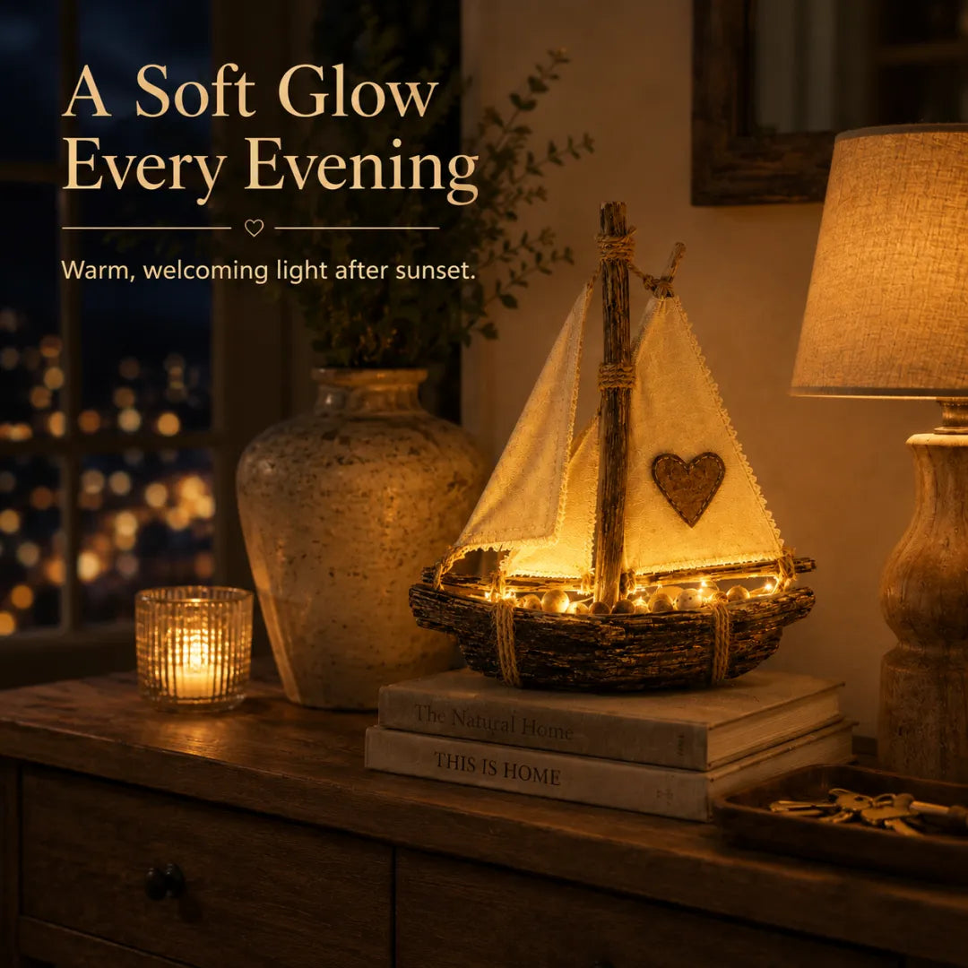 Rustic Lighted Sailboat Decor – Warm Coastal Glow