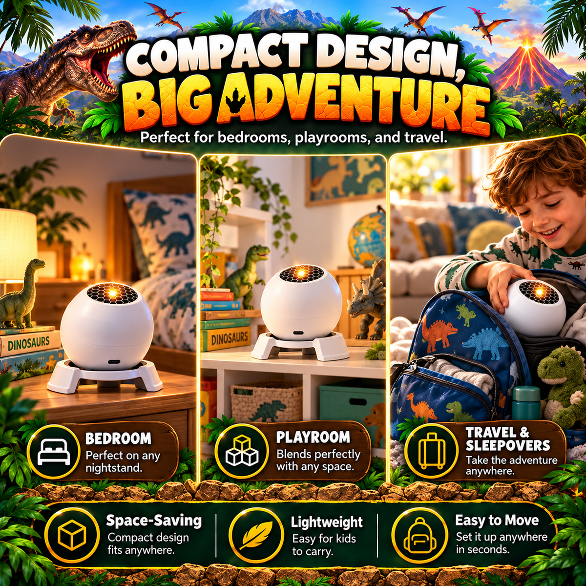 Compact dinosaur projector for bedrooms playrooms and travel