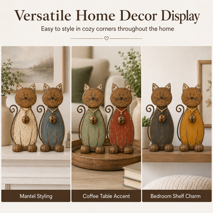 The Little Farmhouse Guardian Cat - Vintage Rustic Metal Cat Decor with Bell Pendant