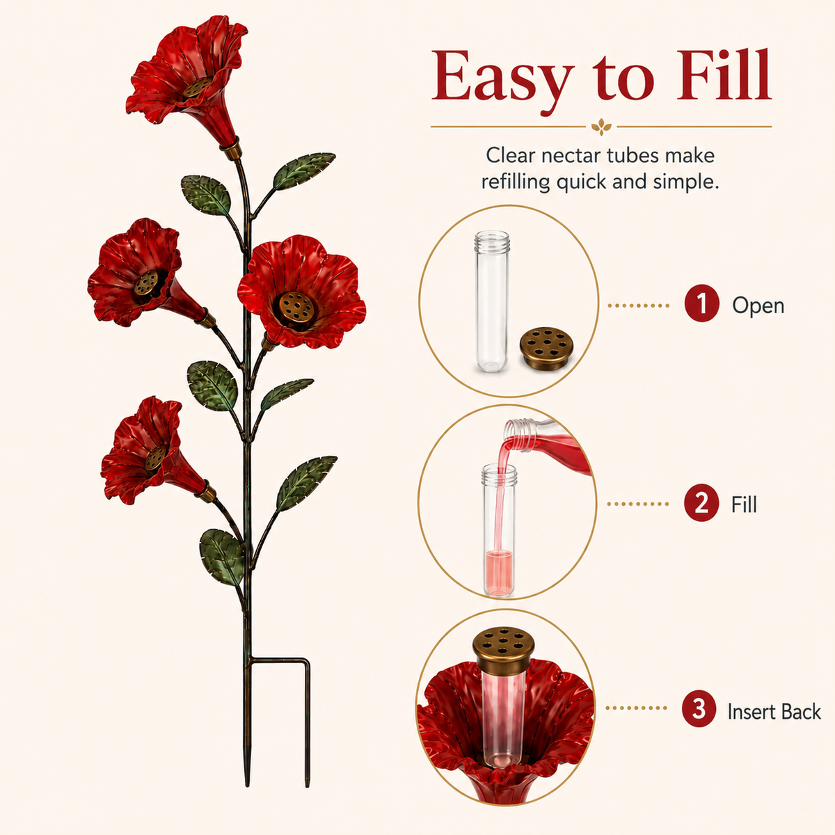 Bring Hummingbirds Closer – 4-Flower Metal Nectar Feeder Garden Stake