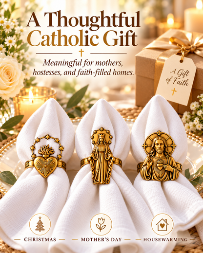 Catholic Devotional Napkin Rings – Sacred Heart, Virgin Mary & Jesus Table Décor