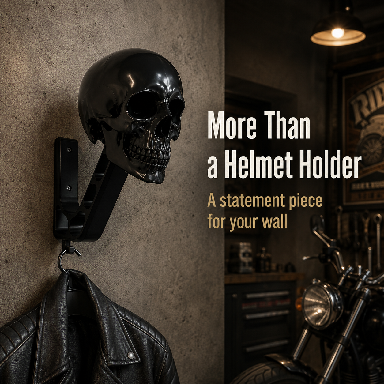 Skull helmet mount used as garage wall decor