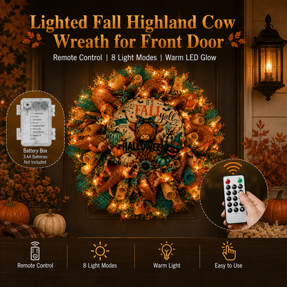 🐮🍂Lighted Highland Cow Fall Halloween Wreath for Front Door