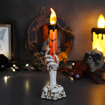 💀 Halloween Skeleton Hand LED Candle Decor, Resin Ghost Hand Electronic Flameless Candle Ornament