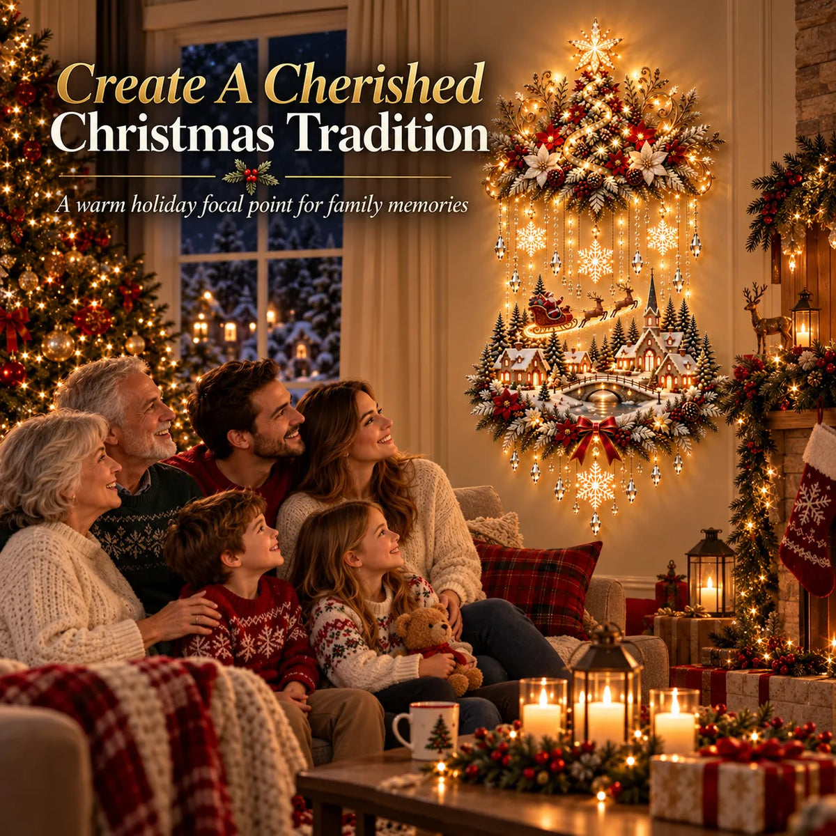 🎄✨ Christmas Village Starfall Wall Display – Warm Light Tree & Snowy Holiday Scene