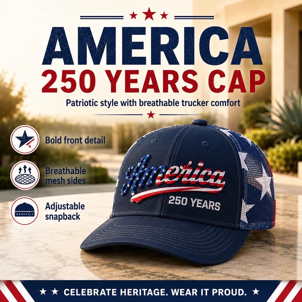 ✨ Father’s Day Sale - ❤️ 🇺🇸 America 250 Years Patriotic Embroidered Mesh Trucker Cap