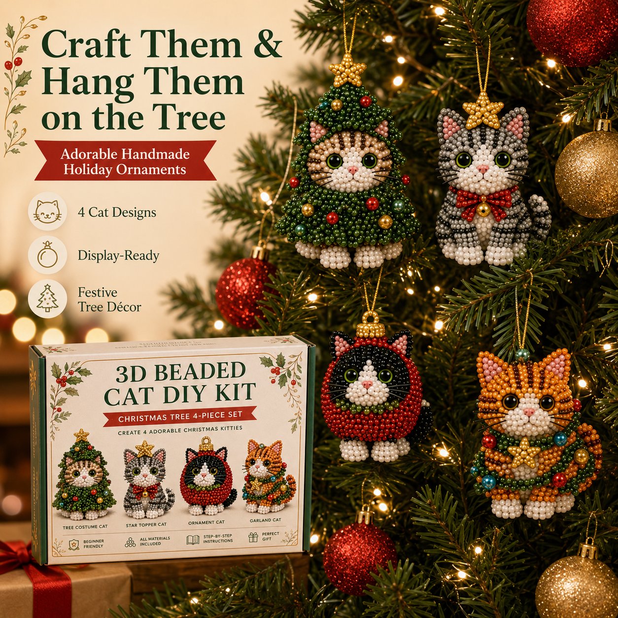 🐱🎄 Premium 3D Beaded Christmas Cats DIY Kit | Luxury Flocked Canvas with Scratch-Resistant Non-Fading Pearl Beads DIY Holiday Decor & Step-by-Step Guide ✨