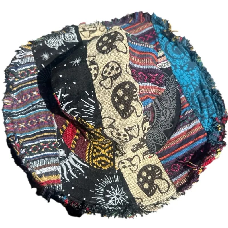 Hippie Haberdashery-🍄Patchwork Multicolored Mushroom Hemp Hat with Hidden Pocket Fedorahats🎩