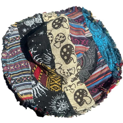 Hippie Haberdashery-🍄Patchwork Multicolored Mushroom Hemp Hat with Hidden Pocket Fedorahats🎩