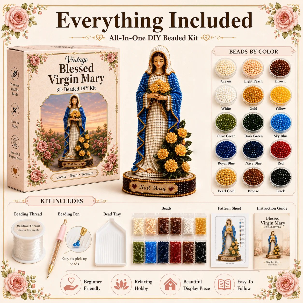 ✝️💕 Vintage Blessed Virgin Mary 3D Beaded DIY Kit – Create a Masterpiece of Faith & Devotion