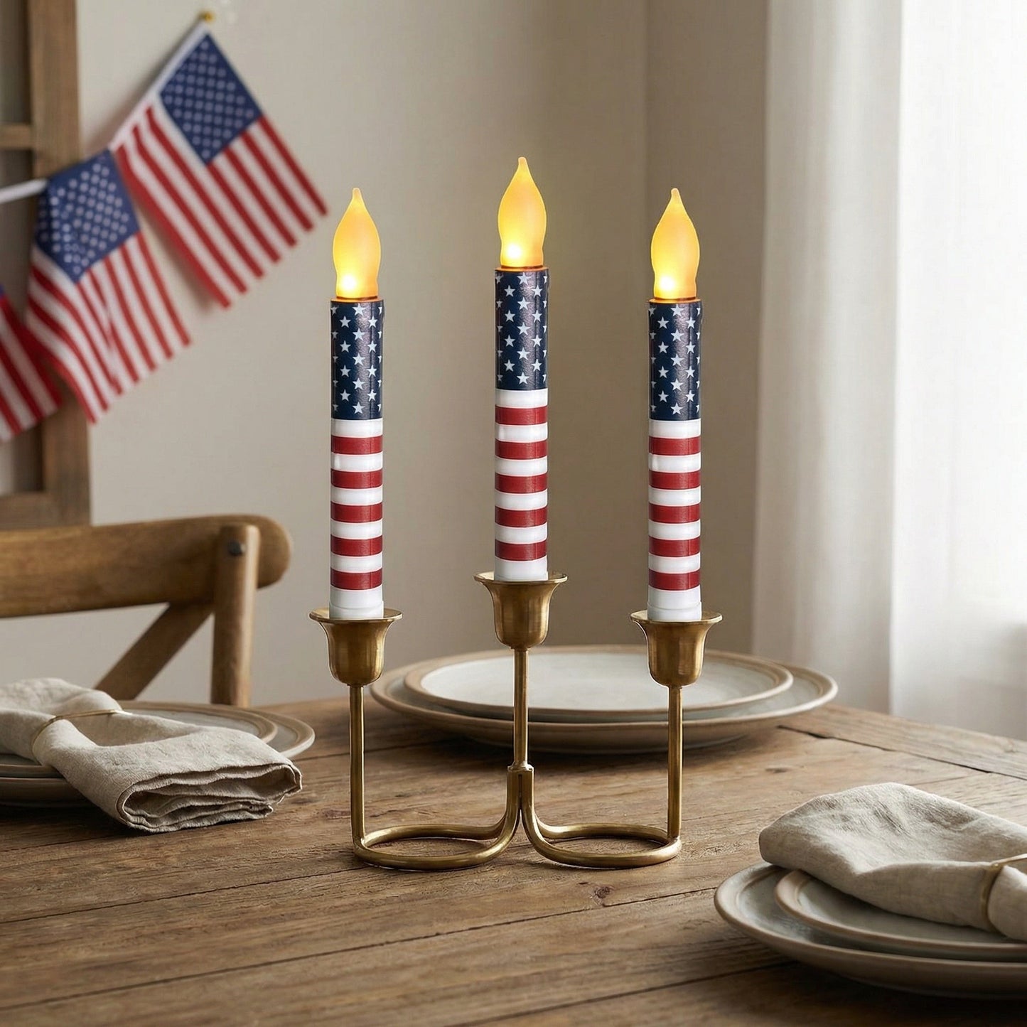 Patriotic LED Taper Candles with Timer-250th Anniversary Red White Blue , Independence Day Decoration