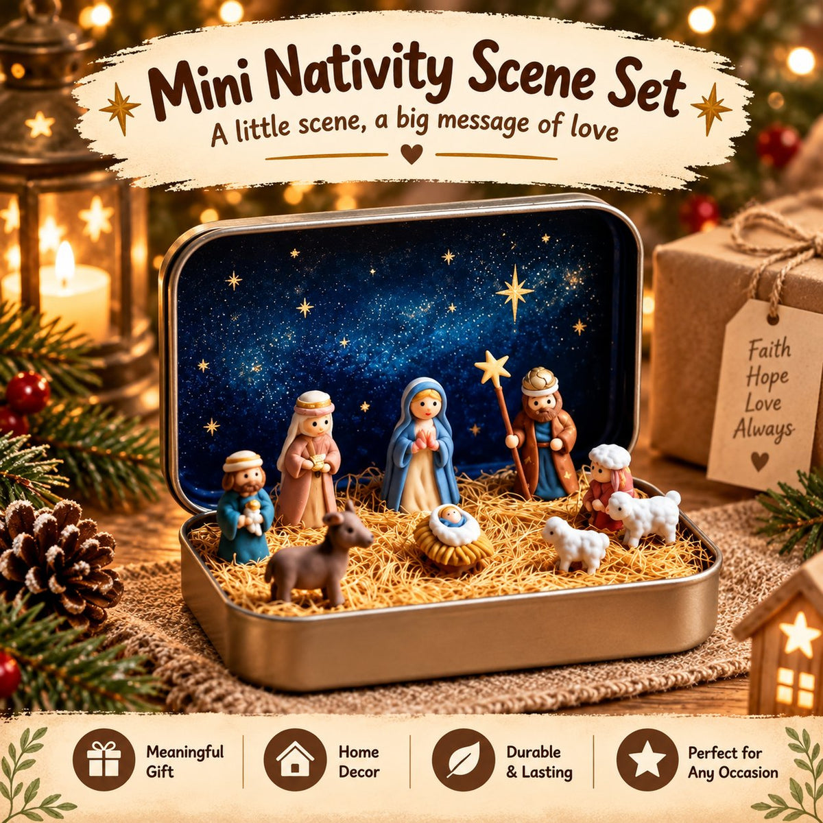 Religious Pocket-Size Mini Nativity Scene Set with Storage Box
