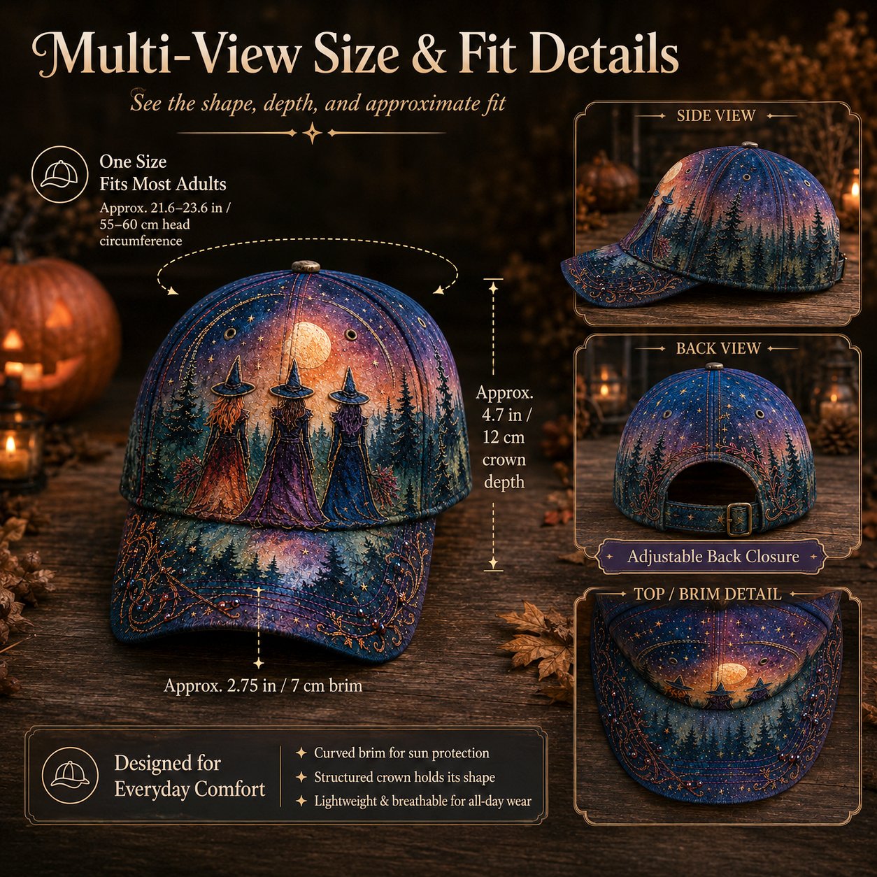 🔥LAST DAY 50% OFF - 🌙 Three Witches Moonlight Baseball Cap – Unisex Memorial Hat🧢 100% Cotton