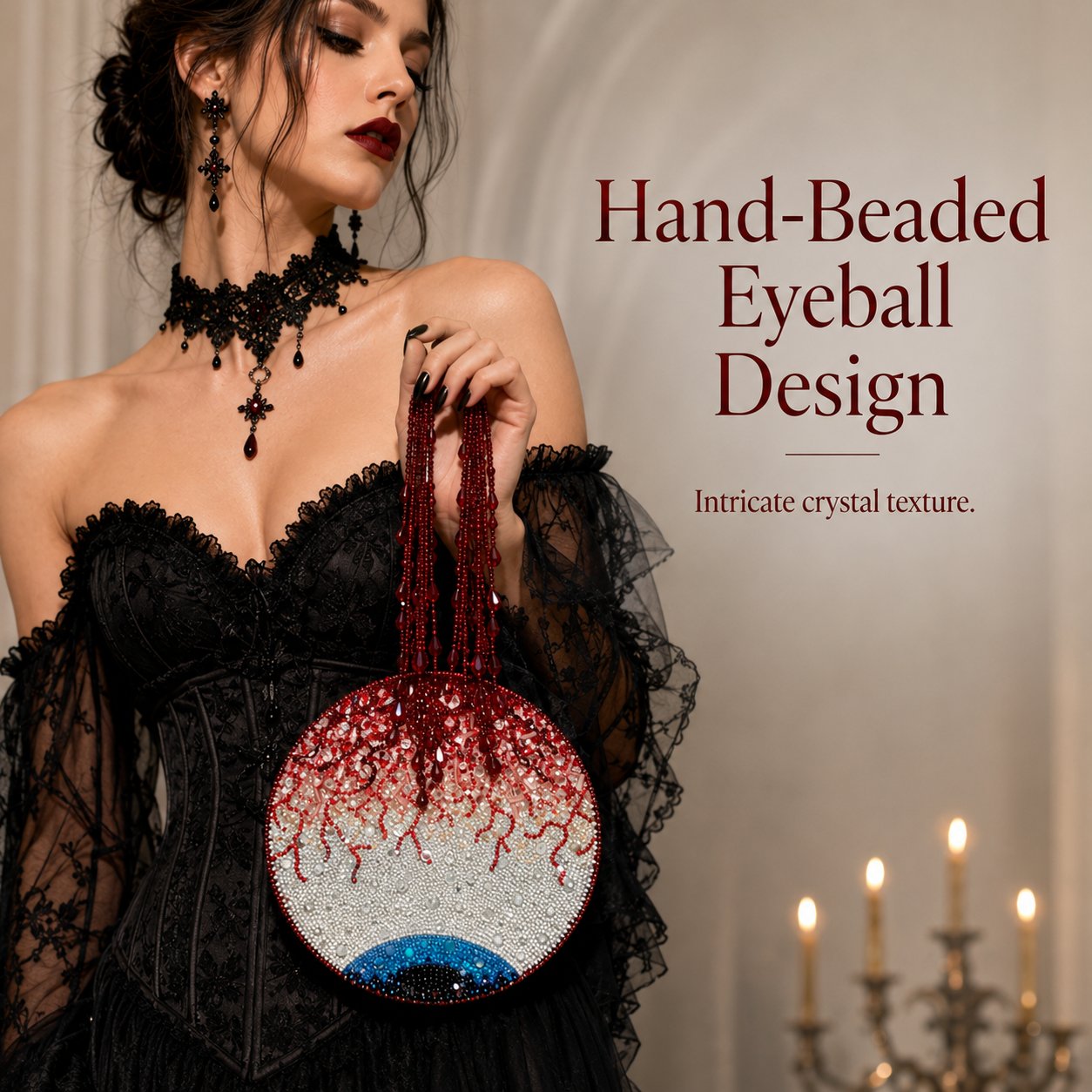 Hand-beaded round handbag featuring a bloodshot eyeball design.