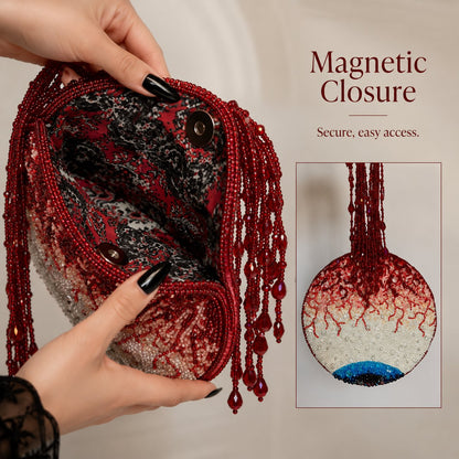 Hand-beaded round handbag featuring a bloodshot eyeball design.
