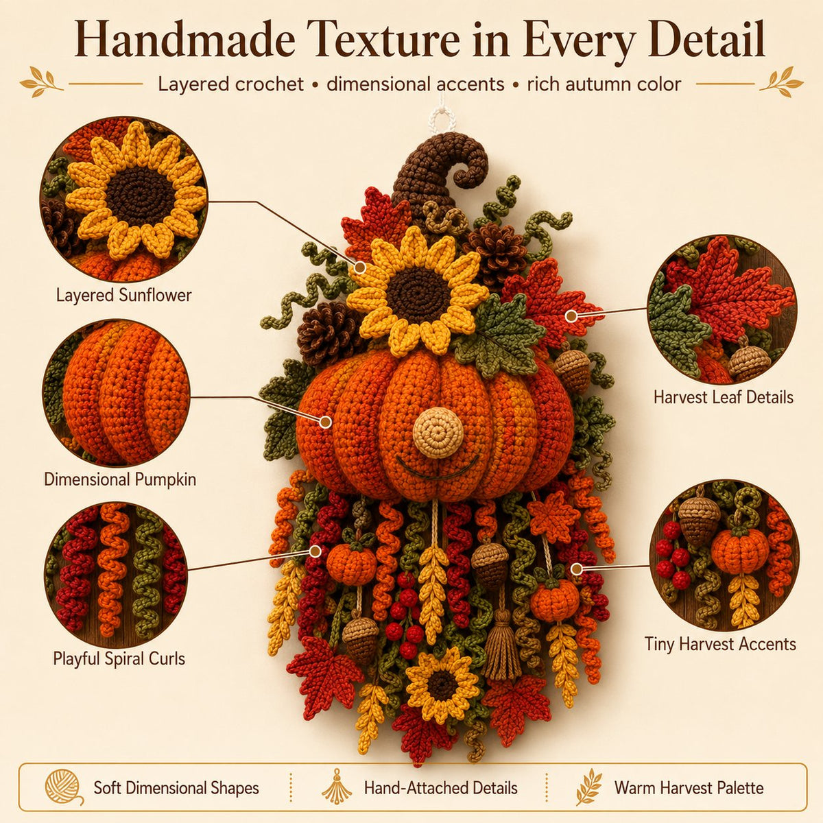 Close-up details of crochet pumpkin, sunflower, leaves and hanging accents