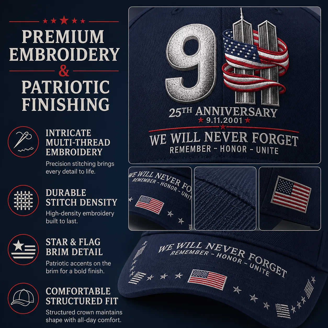 9/11 25th Anniversary We Will Never Forget Embroidered Memorial Baseball Cap – Unisex Patriotic Memorial Hat🧢 100% Cotton
