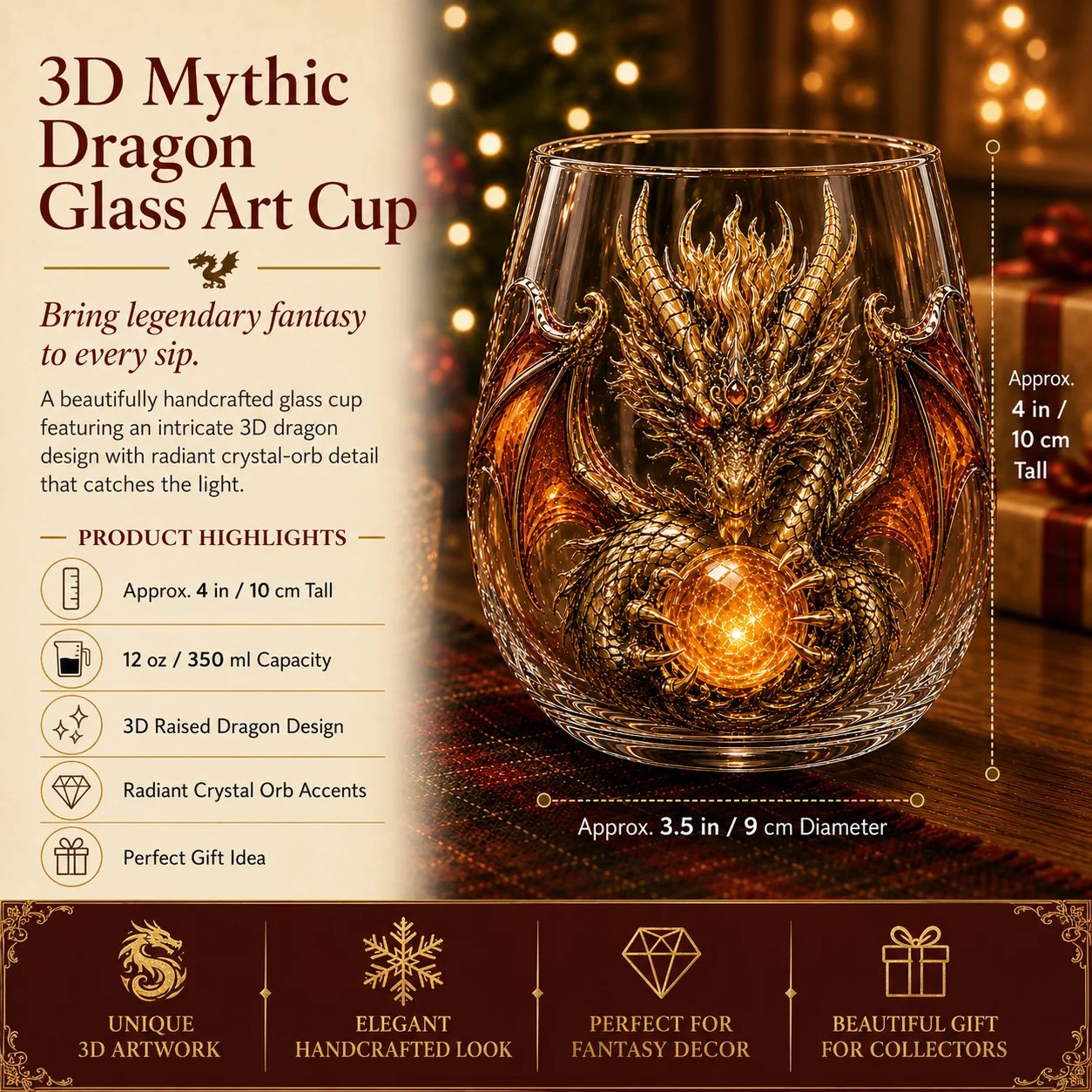 🔥🎁🐉✨ 3D Mythic Dragon Glass Art Cup | Luxury Raised Fantasy Glassware for Whiskey, Home Bar Décor & Legendary Gifts 🎁