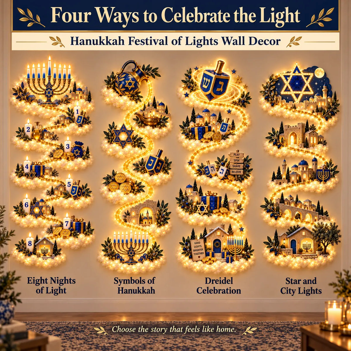 🕎✨ Eight Nights of Golden Light – Glowing Hanukkah Story Wall Collection