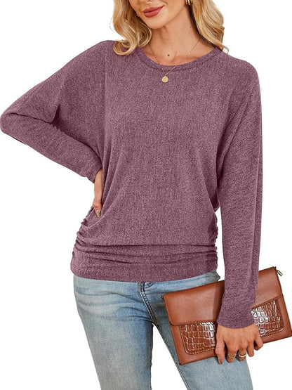 Womens Long Sleeve Shirts Ruched Hem Fall Tops Lightweight Sweaters