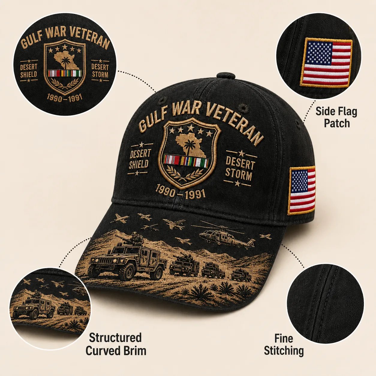 🏜️Gulf War Veteran Desert Shield & 🚁Desert Storm Commemorative Cap 🇺🇸