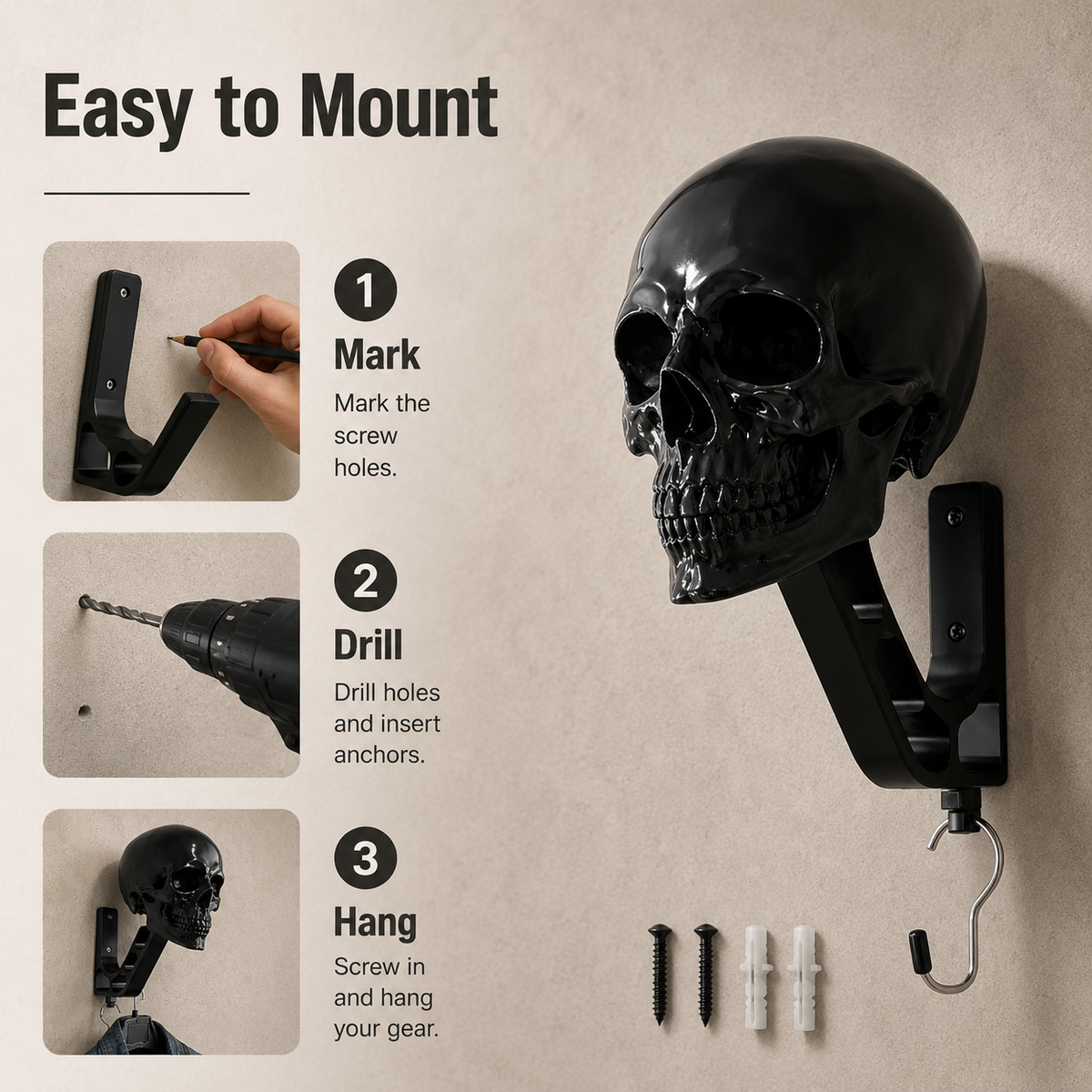 Installation steps for skull helmet wall mount