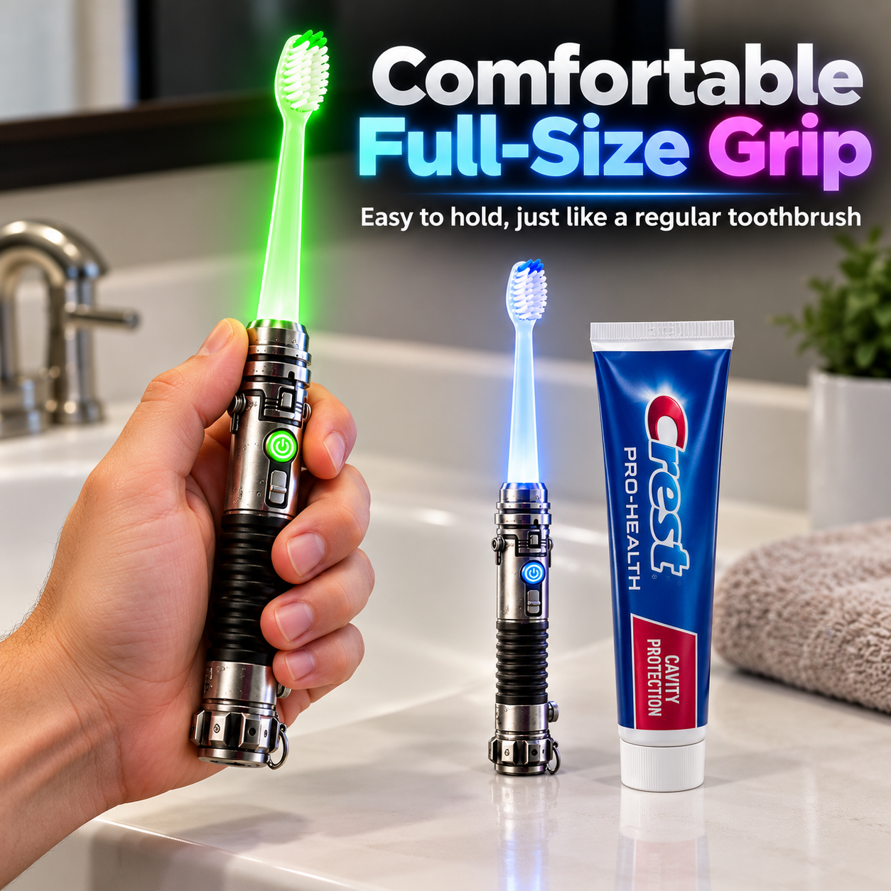 Full-size Galactic Glow toothbrush held by its textured handle