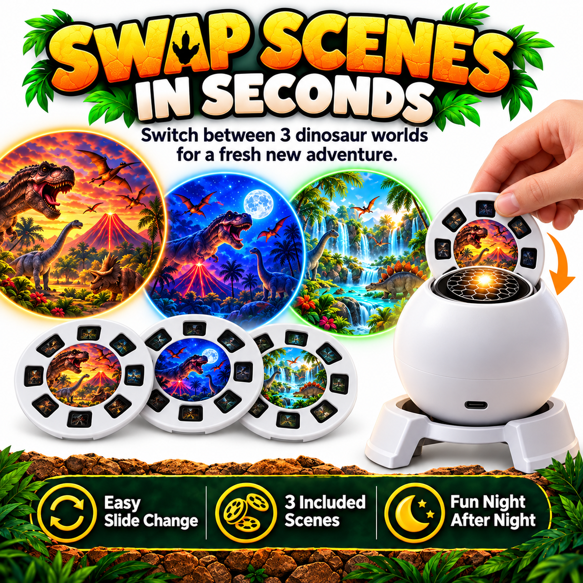 Three interchangeable dinosaur projection slides and projector