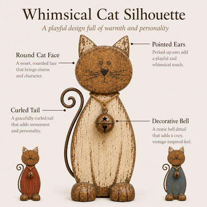 The Little Farmhouse Guardian Cat - Vintage Rustic Metal Cat Decor with Bell Pendant