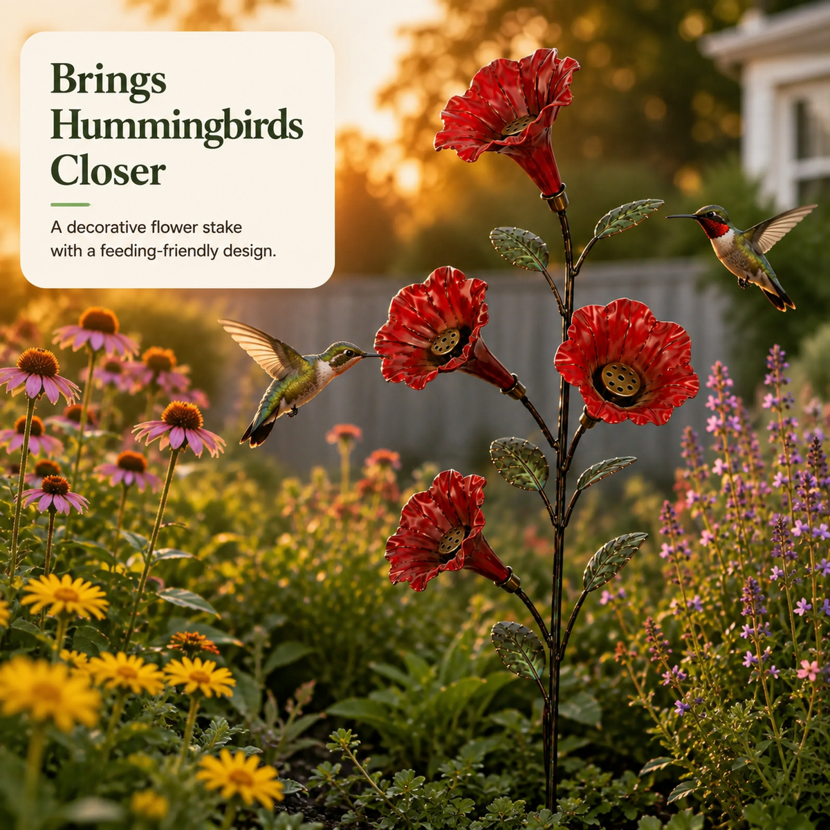 Bring Hummingbirds Closer – 4-Flower Metal Nectar Feeder Garden Stake