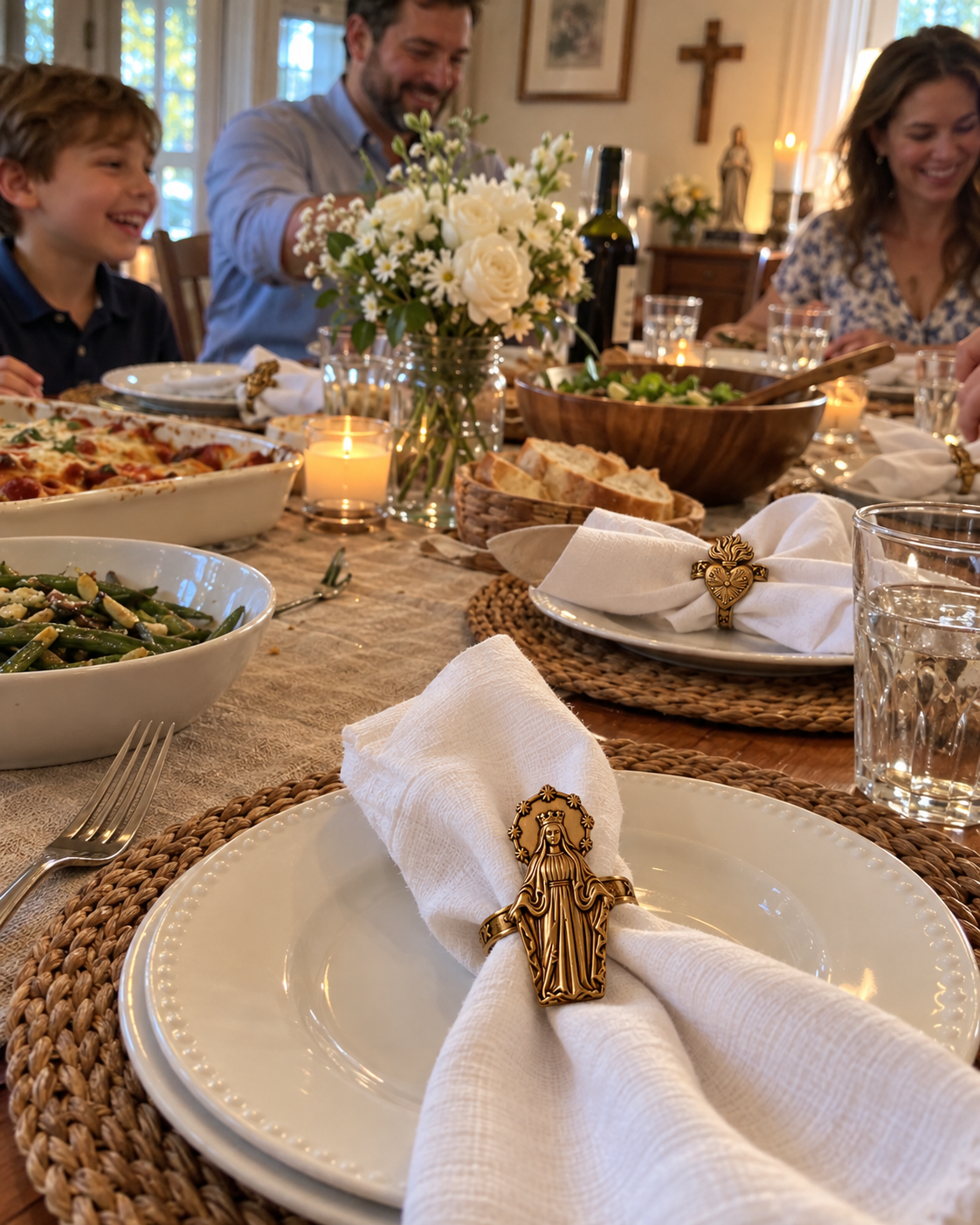 Catholic family dinner table with devotional napkin rings