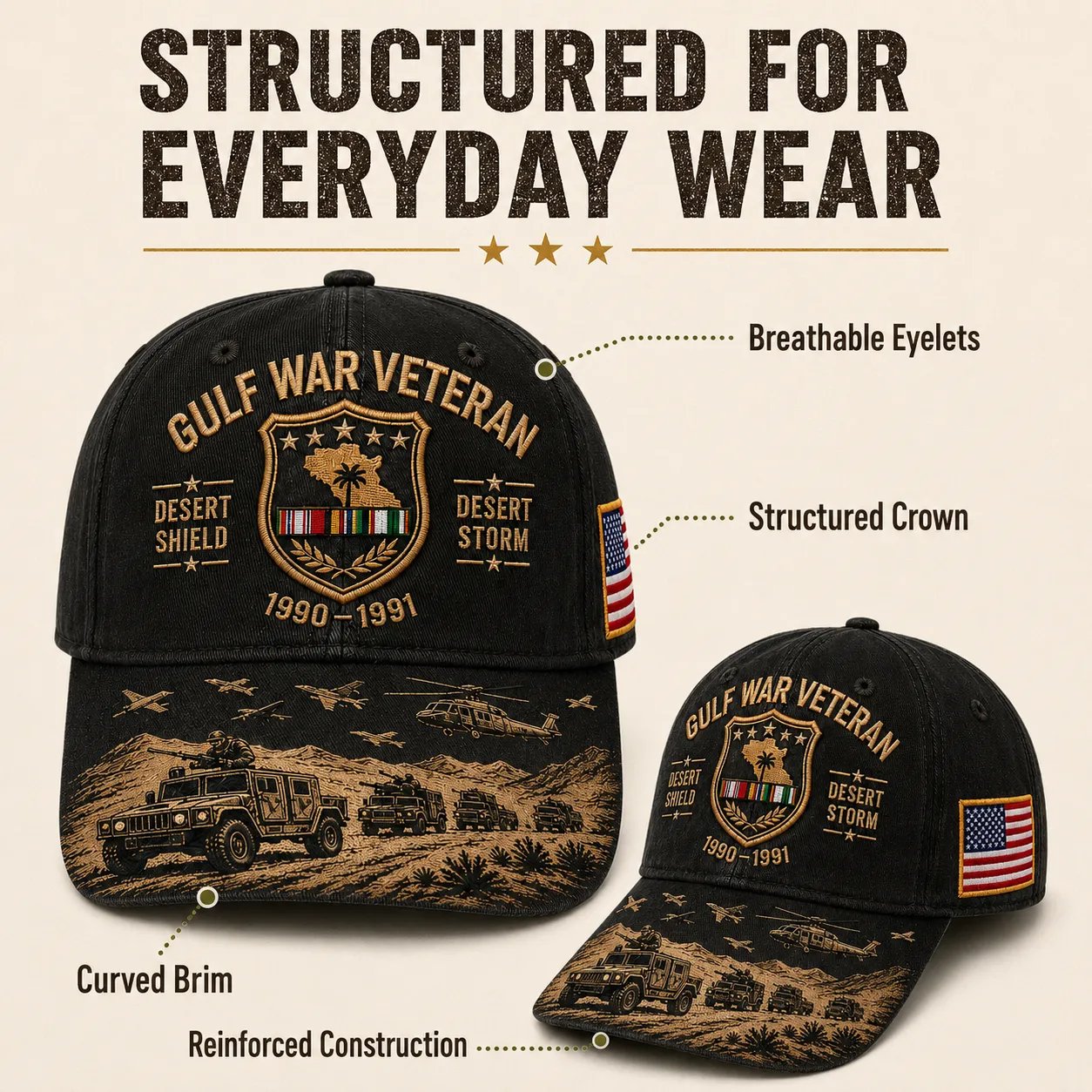 🏜️Gulf War Veteran Desert Shield & 🚁Desert Storm Commemorative Cap 🇺🇸
