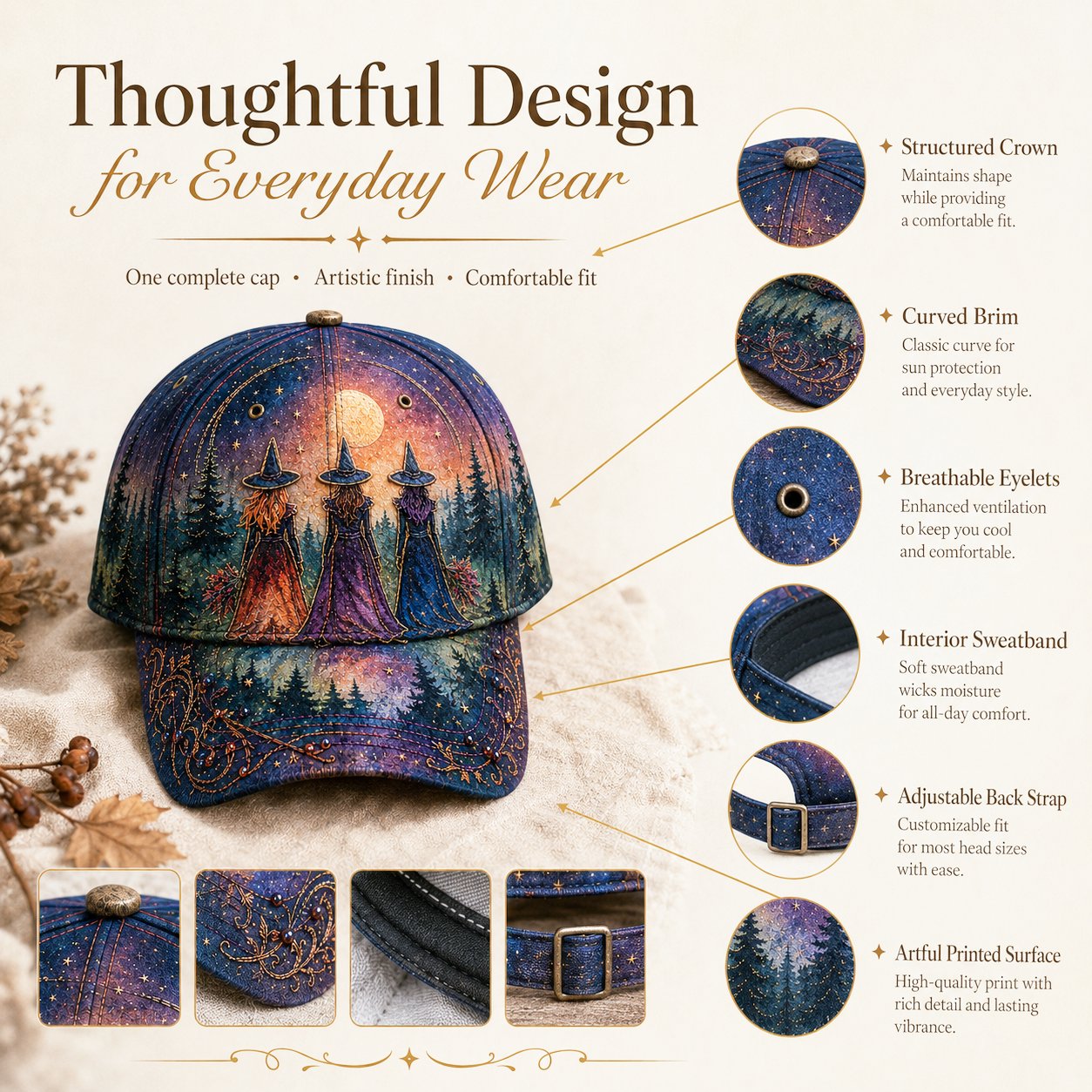 🔥LAST DAY 50% OFF - 🌙 Three Witches Moonlight Baseball Cap – Unisex Memorial Hat🧢 100% Cotton