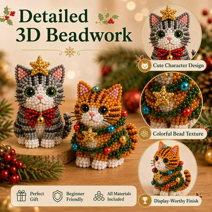 🐱🎄 Premium 3D Beaded Christmas Cats DIY Kit | Luxury Flocked Canvas with Scratch-Resistant Non-Fading Pearl Beads DIY Holiday Decor & Step-by-Step Guide ✨