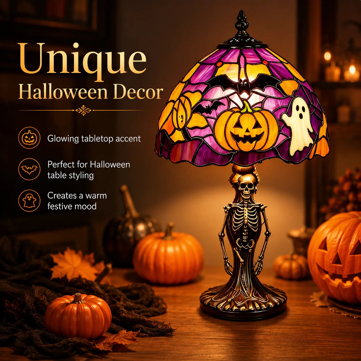 ✨Tiffany Lamp🎃👻Retro Halloween Painted Glass Table Lamp