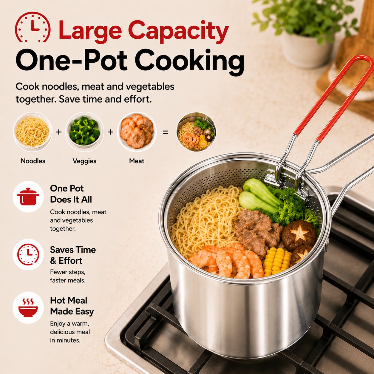 🍜 Mess-Free Noodle Strainer Pot — Cook, Drain & Pour In One Step