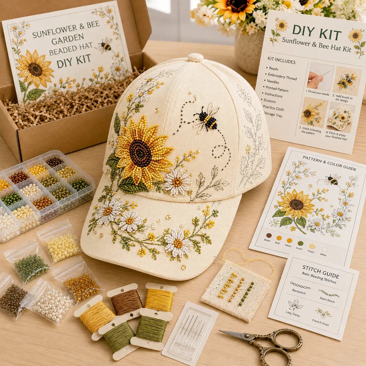 Premium Hummingbird Garden Beaded Hat DIY Kit | DIY Handmade Floral Cap Decor