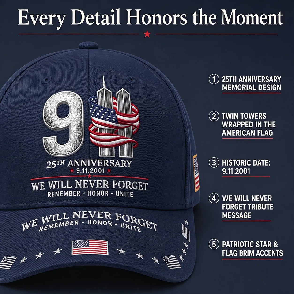 9/11 25th Anniversary We Will Never Forget Embroidered Memorial Baseball Cap – Unisex Patriotic Memorial Hat🧢 100% Cotton