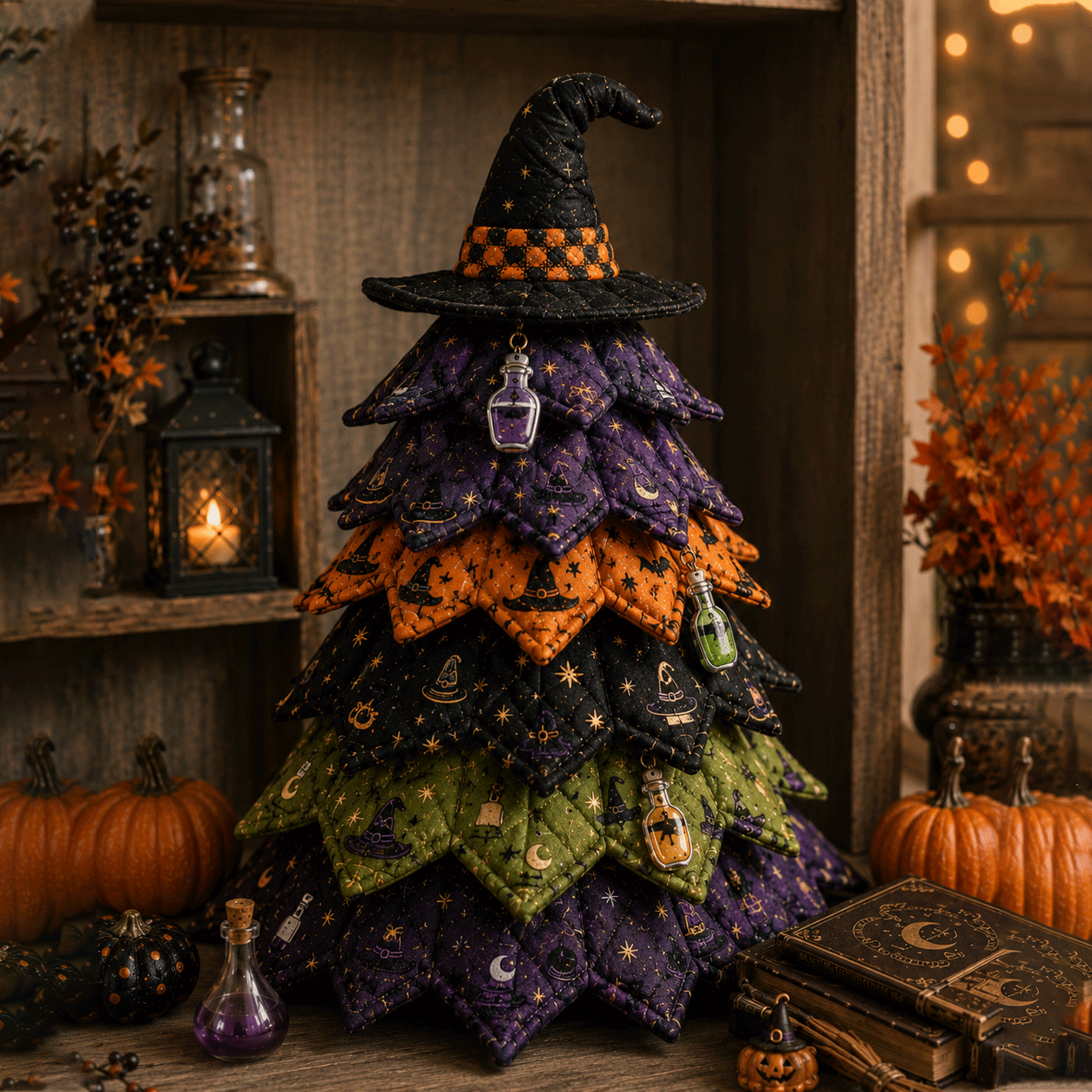🎃✨ Lighted Halloween Quilted Fabric Tree – Cozy Handmade Glow Decoration