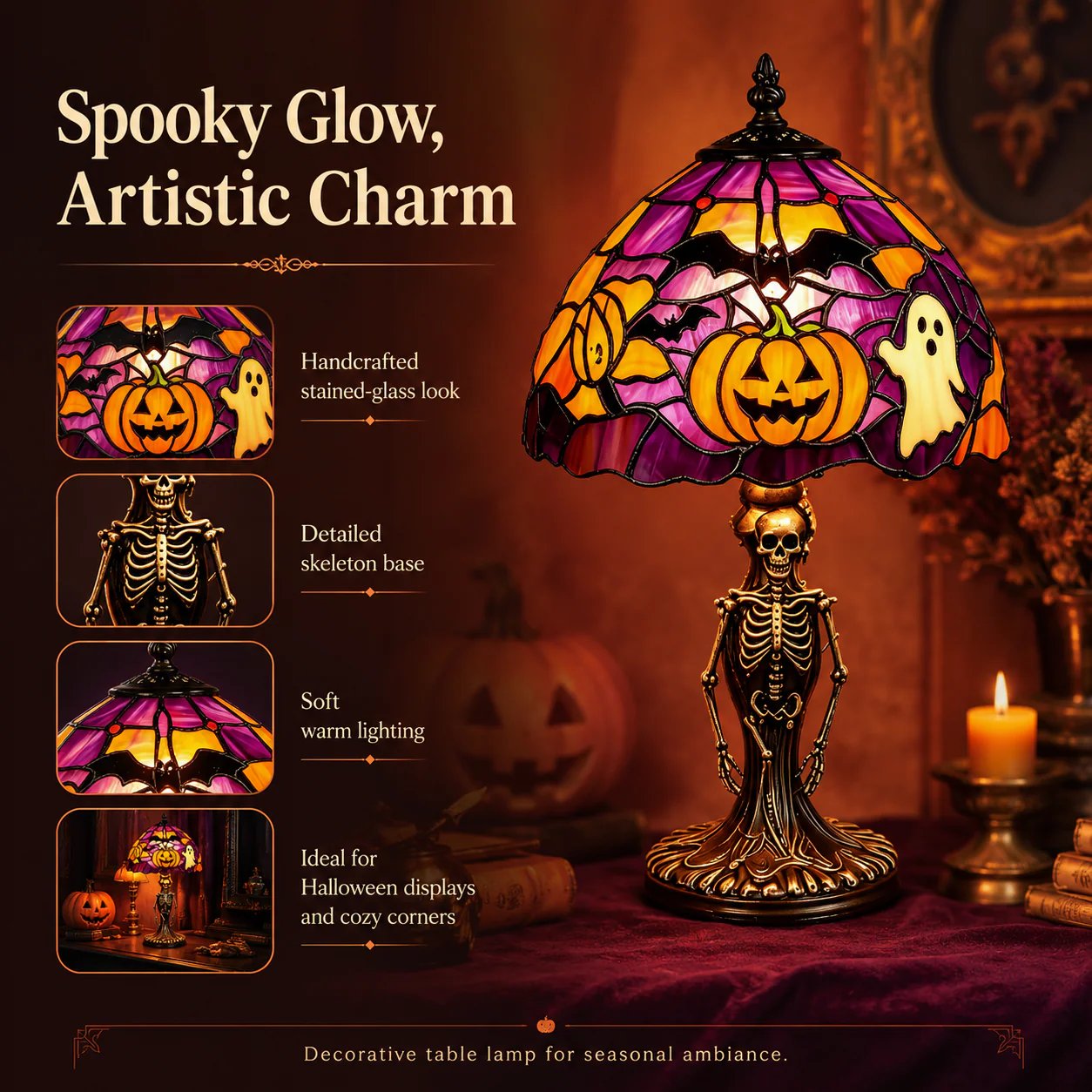 ✨Tiffany Lamp🎃👻Retro Halloween Painted Glass Table Lamp