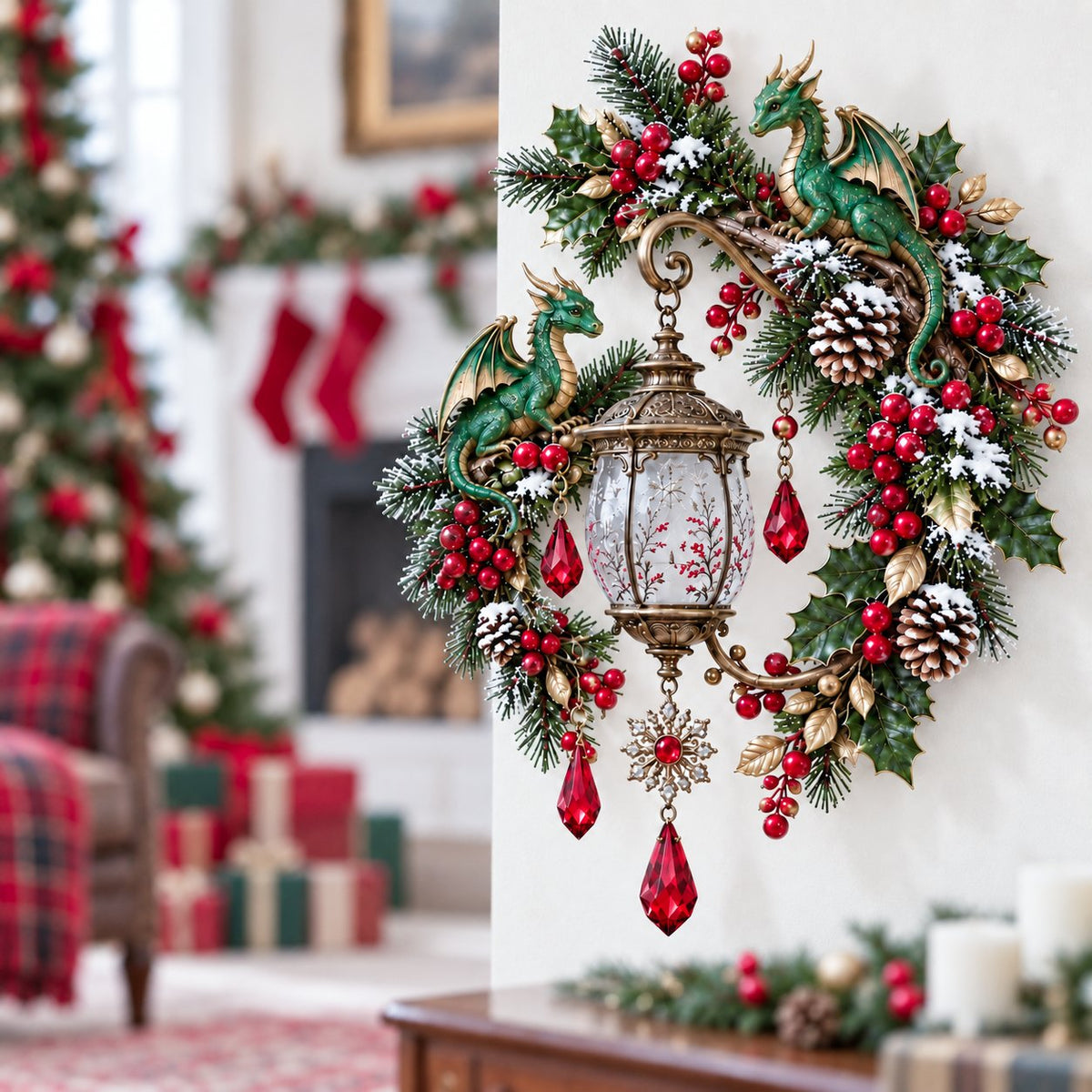 🐉 Christmas Dragon Keeper Lighted Wall Wreath Lamp - A Little Christmas Magic, Guarded by Dragons ✨