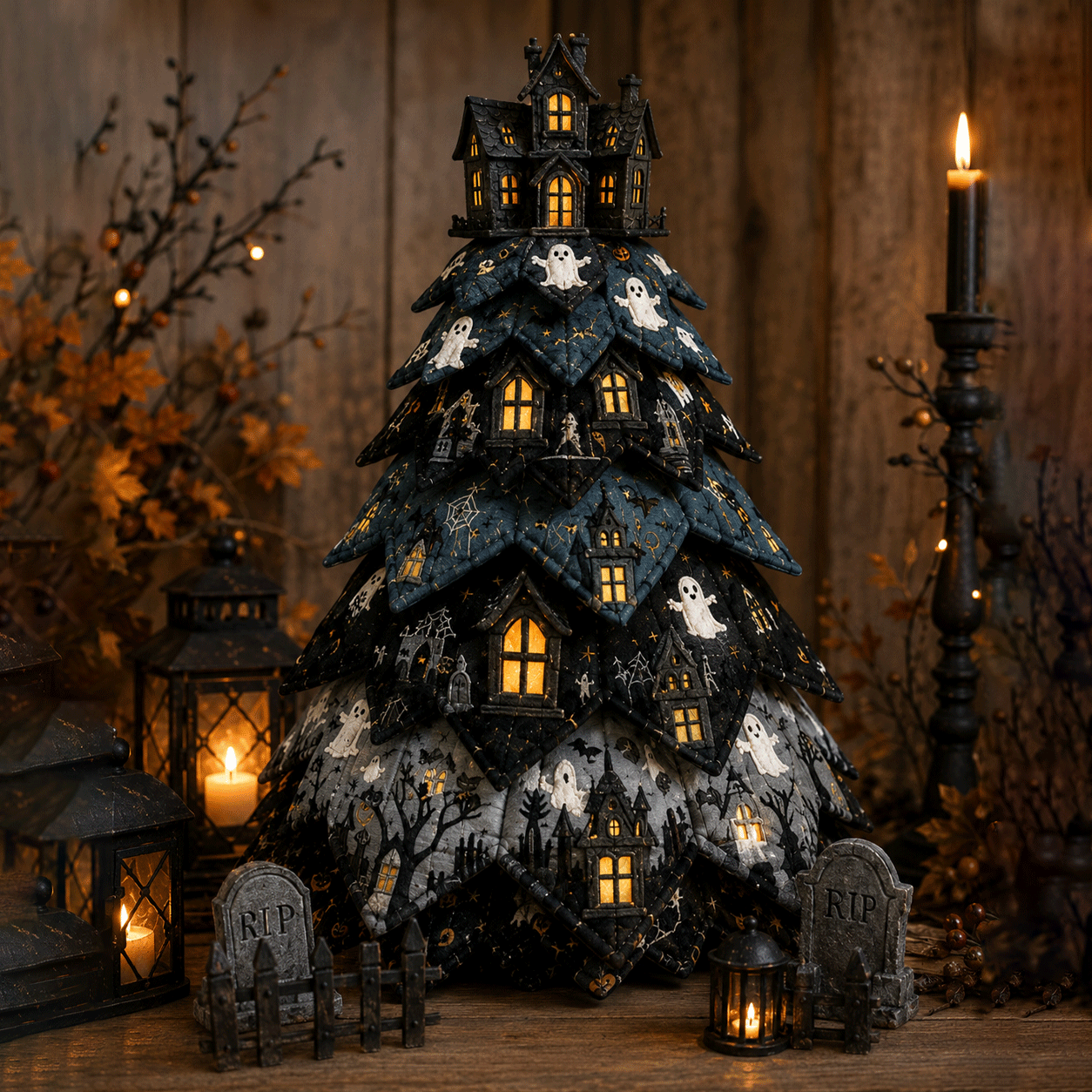 🎃✨ Lighted Halloween Quilted Fabric Tree – Cozy Handmade Glow Decoration