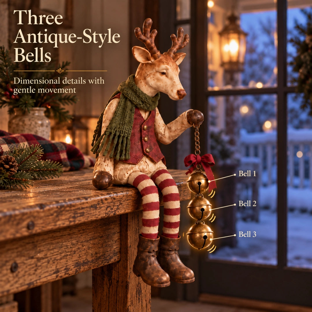 Three antique style bells on Christmas reindeer