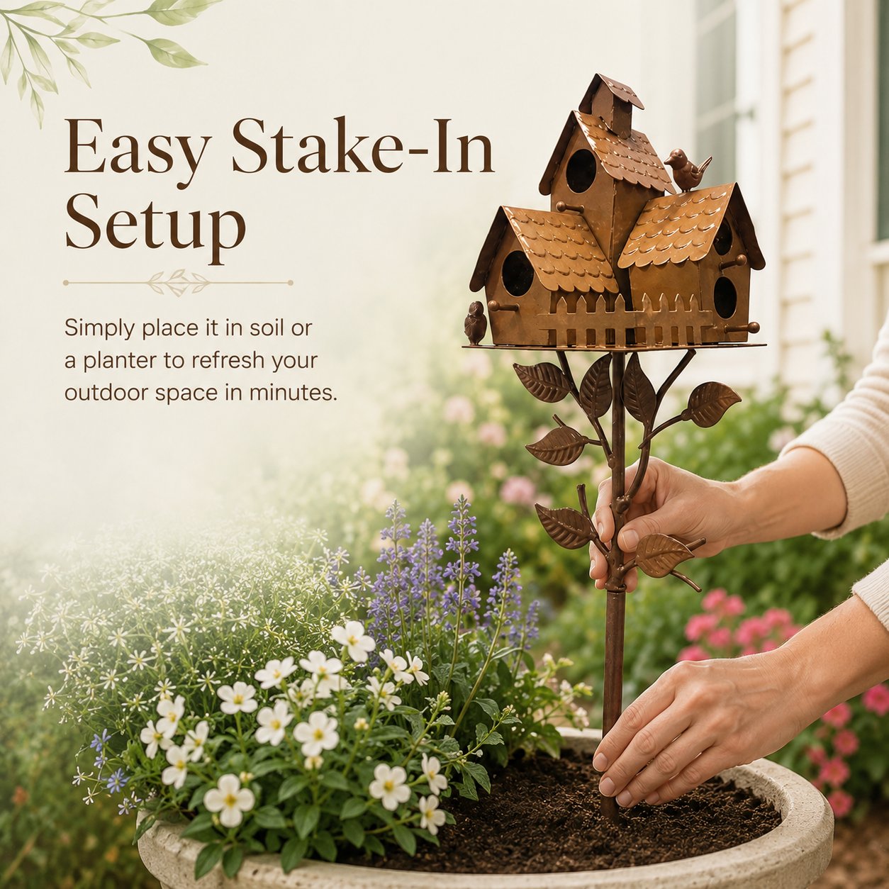 Rustic Outdoor Birdhouse Yard Stake for Garden,Lawn, Flower Bed & Patio Decor