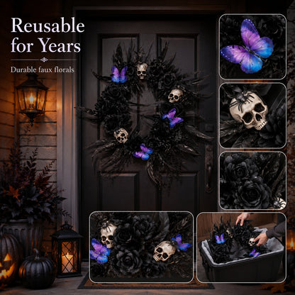 Gothic Wreath with Black Roses & Butterflies, Elegant Decor for Halloween Entryway