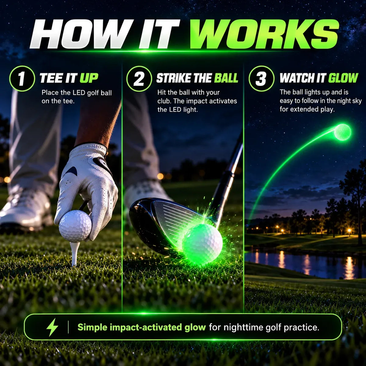 ⛳✨ GlowStrike™ Impact-Activated LED Golf Ball – 6 Brilliant Colors for After-Dark Golf Fun