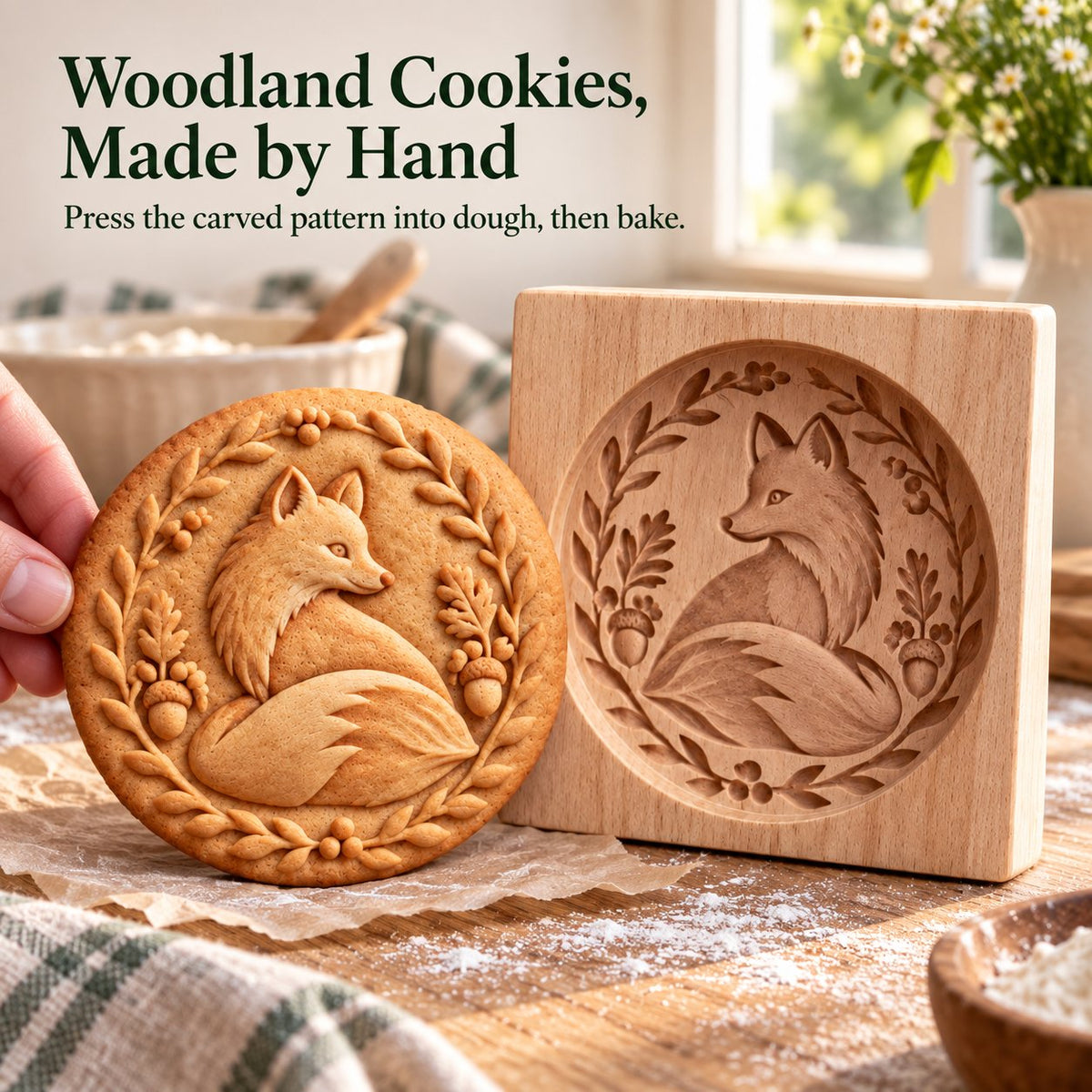 🍪 Woodland Animal Cookie Mold | 4.7-Inch Wooden Embossing Mold for Cozy Homemade Cookies